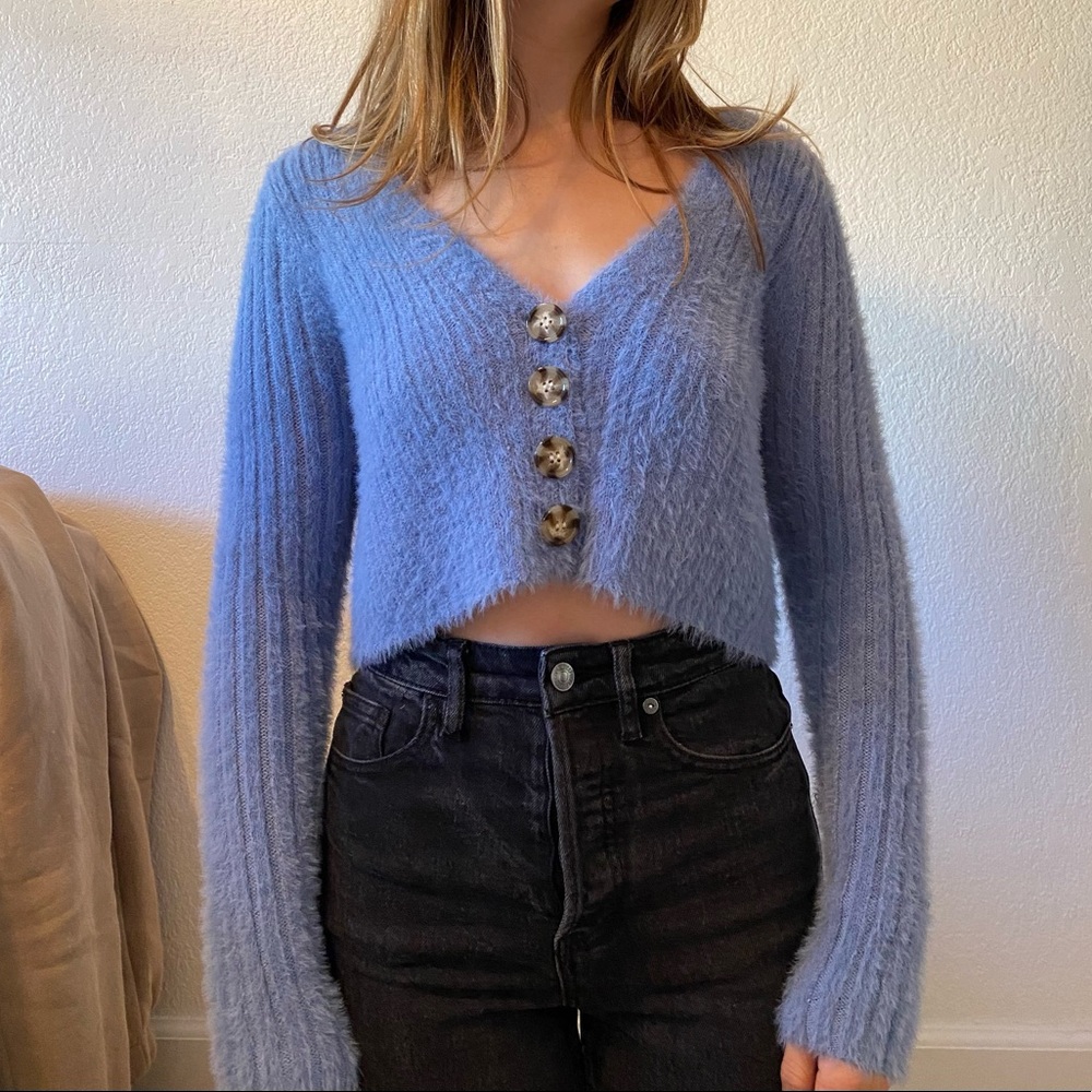 Blue Fuzzy Cropped Cardigan